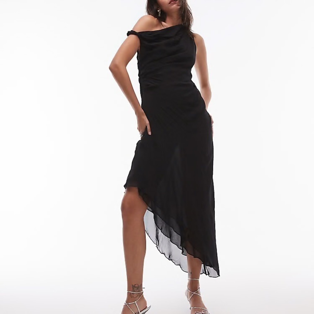 Mango Selection Black Off Shoulder Asymmetric Sheer Layer Maxi Dress Small